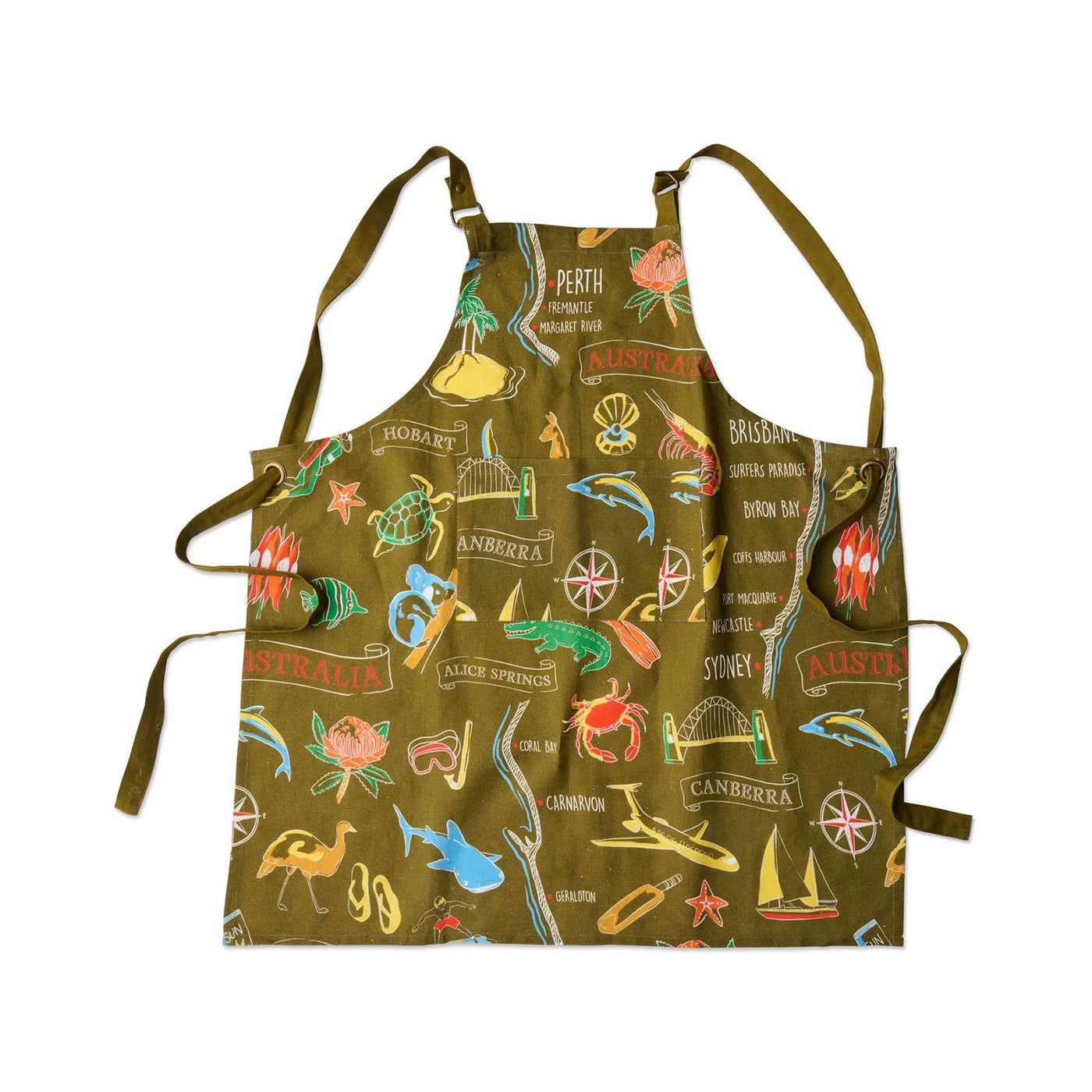 Aussie Road Trip Green Canvas BBQ Apron One Size